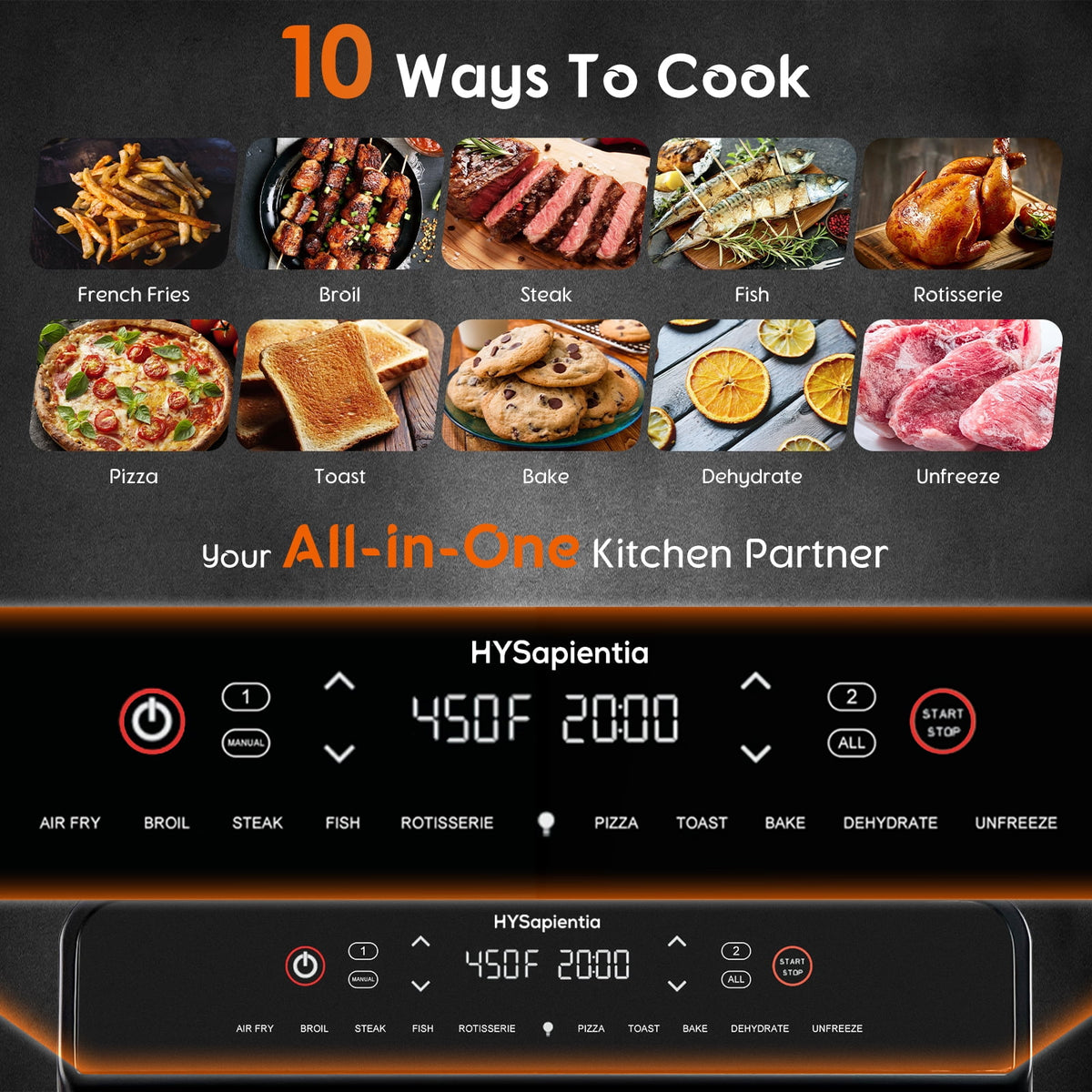 HYSapientia 24QT Dual Zone Air Fryer Oven with Rotisserie,10-in-1 Internal stainless steel Convection Countertop Oven 1800W Air Fryer  Toaster Oven for Family Cooking