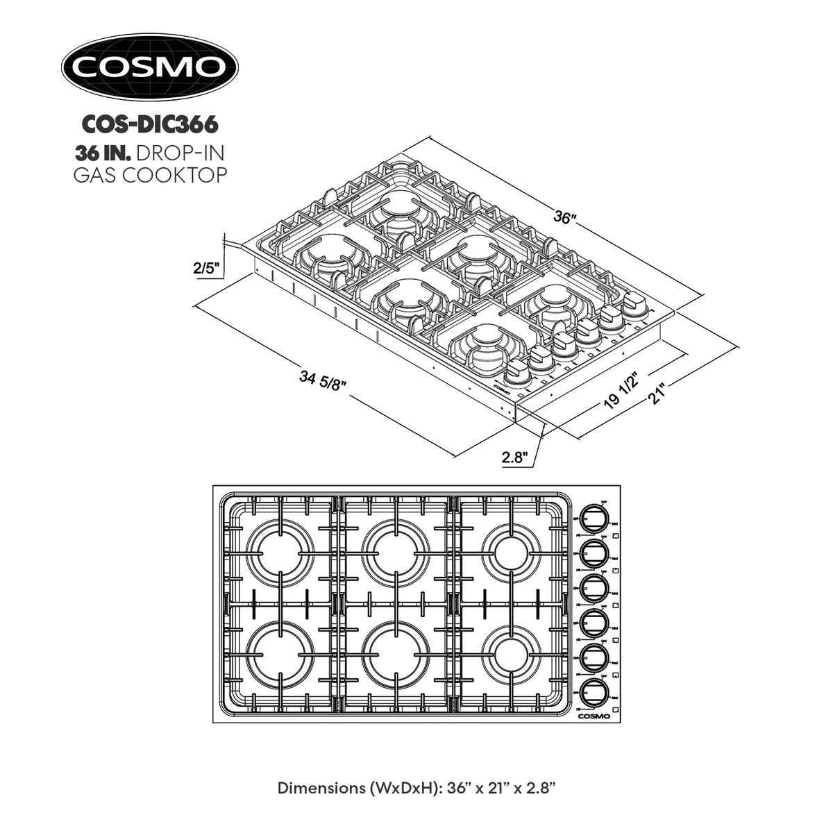 Gas Cooktop with 6 Sealed Italian Made Burners in Stainless Steel