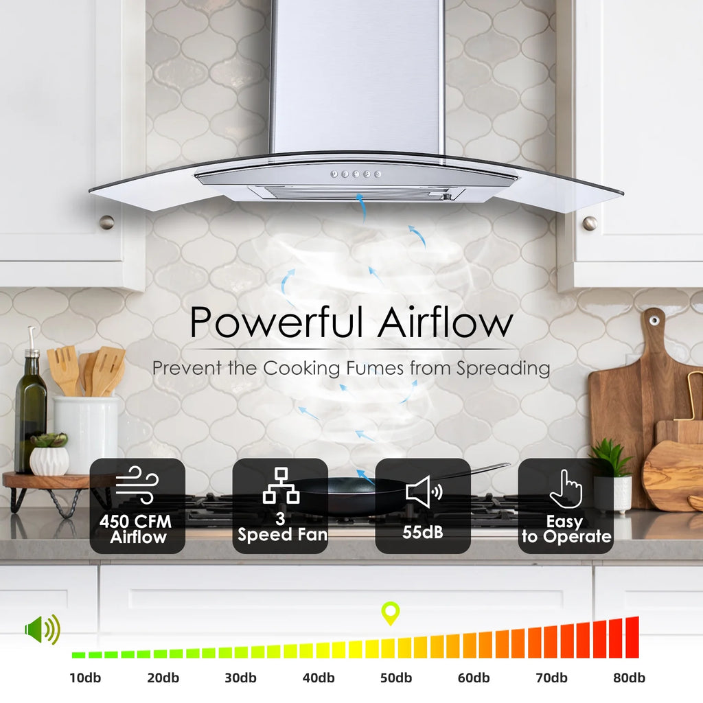 30 inch 450CFM Wall Mount Range Hood Tempered Glass 3-Speed Fan Button Control Baffle Filters