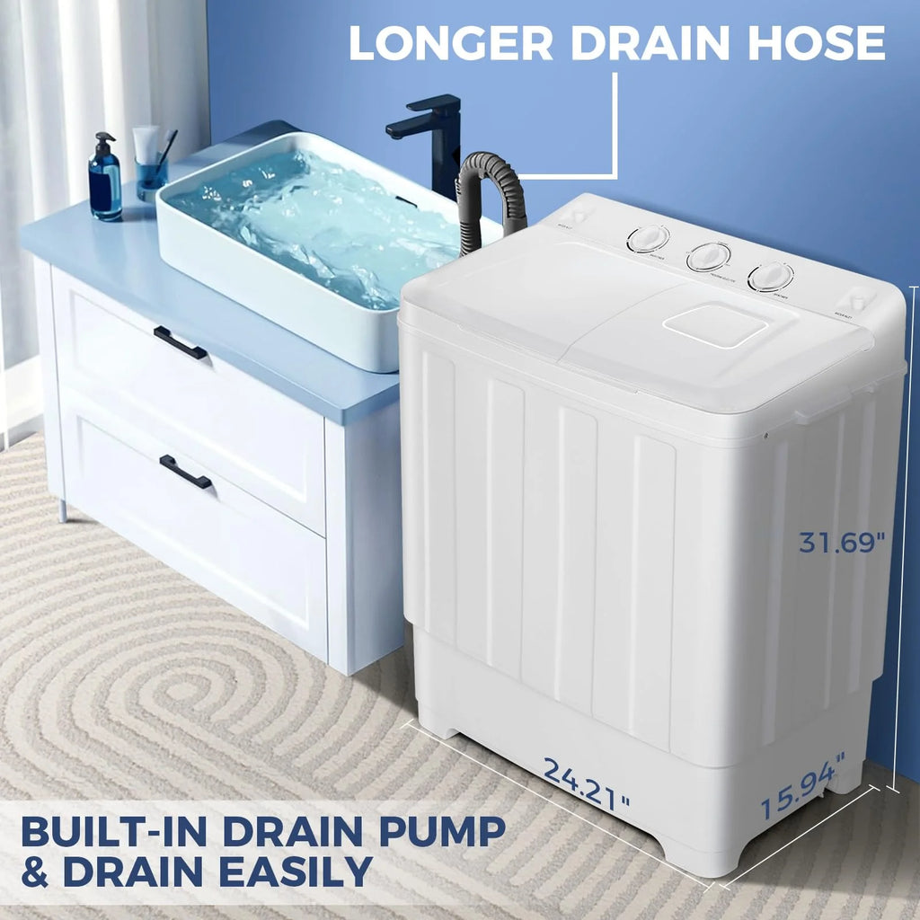 Veeboto Portable Washing Machine, 30LBS Twin Tub Mini Compact Laundry 19lbs Washer/11lbs Spinner with Drain Pump & Time Control Washer Spinner Combo, White