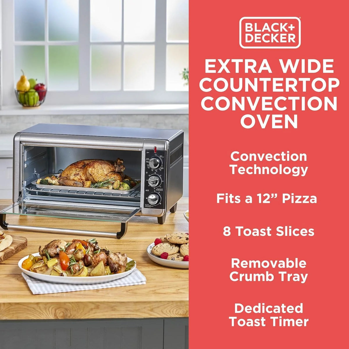 8-Slice Extra Wide Convection Toaster Oven, Fits 9"x13" Oven Pans and 12" Pizza, Bake, Toast, Broil, and Keep Warm Functions, Countertop Compact Design with Stainless Steel Finish