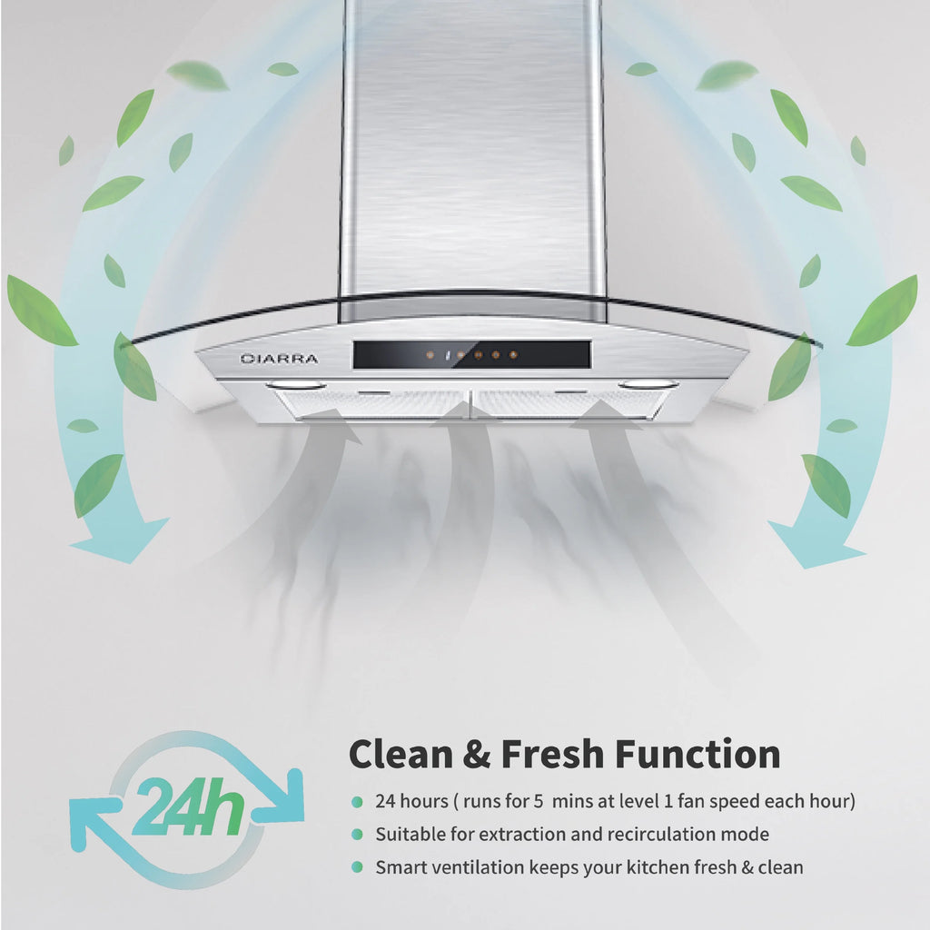 CIARRA Wall Mount Range Hood 30 inch with Tempered Glass 450 CFM Kitchen Vent Hood Ductless Ducted Convertible CAS50275
