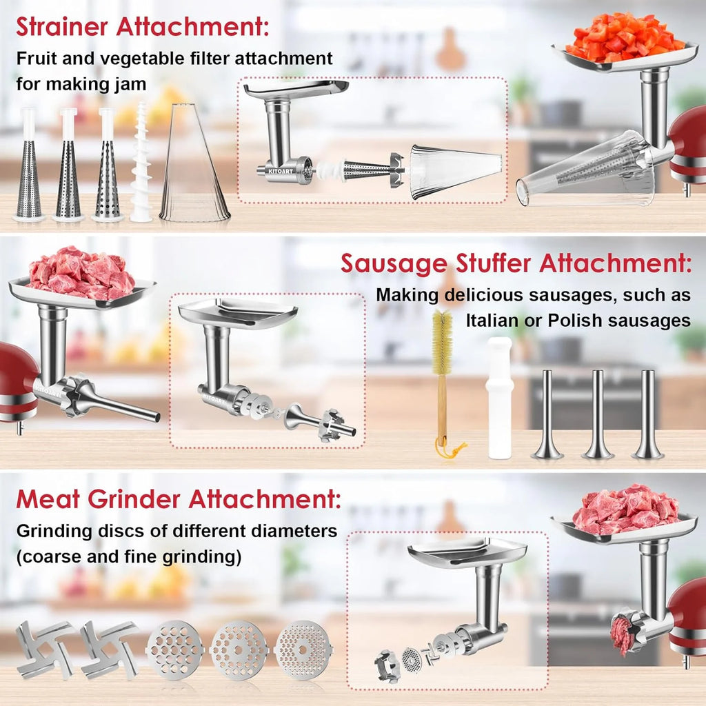 Fruit & Vegetable Strainer Attachment and Food Meat Grinder Attachment for Kitchenaid Stand Mixer with Sausage Stuffer Tubes and Fruits Juicer Auger Strainer