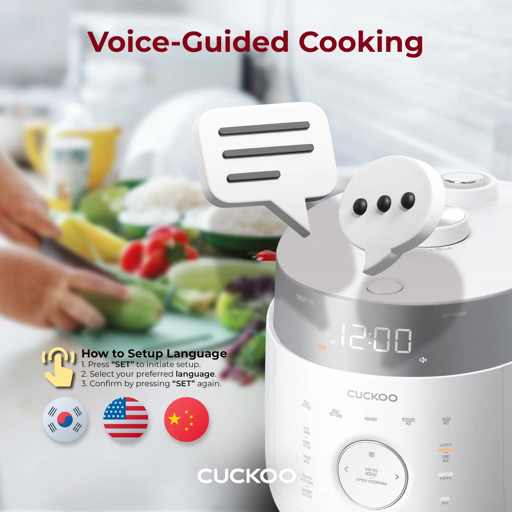Cuckoo 10 Cup Dry Induction Heating Twin Pressure Rice Cooker with Micom Logic Tech, Nonstick Pot, Warmer, 25 Menu Modes and Voice Guide in White (CRP-LHTR1009FW)