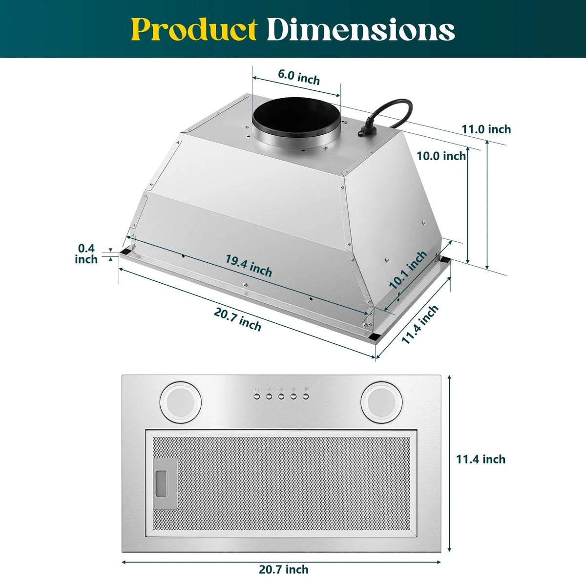 JOEAONZ Range Hood Insert 20 Inch Stainless Kitchen Vent with LED Light Exhaust Fan Button Control