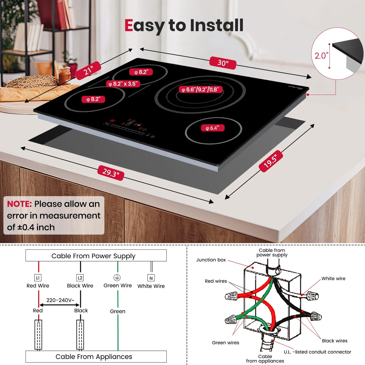 Gasland Chef 30 in. 4 Elements Radiant Electric Cooktop in Black with Tri-Ring Element and Bridge Element