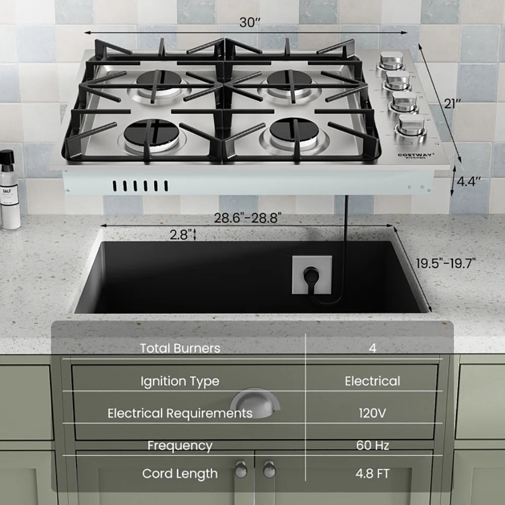 Resenkos 30/36 Inch Gas Cooktop with 4/6 Powerful Burners and ABS Knobs-30 inches, Convertible Gas Burner for Kitchen, Stainless Steel