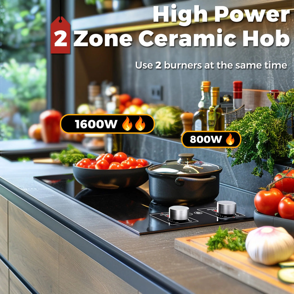 Advwin 2 Burner Electric Cooktop,110v Electric Cooktop with Knob Control,12 Inch Countertop & Built-in Ceramic Cooktop with Child Safety Lock, Timer, 9 Power Levels and Over-Temperature Protection