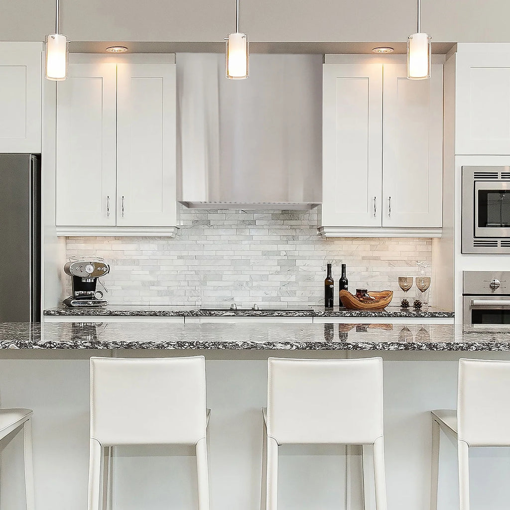 Akicon Stainless Steel Range Hood, Modern Box Kitchen Hood with Powerful Vent Motor, Wall Mount, 30��W*30��H*14D, Signal White