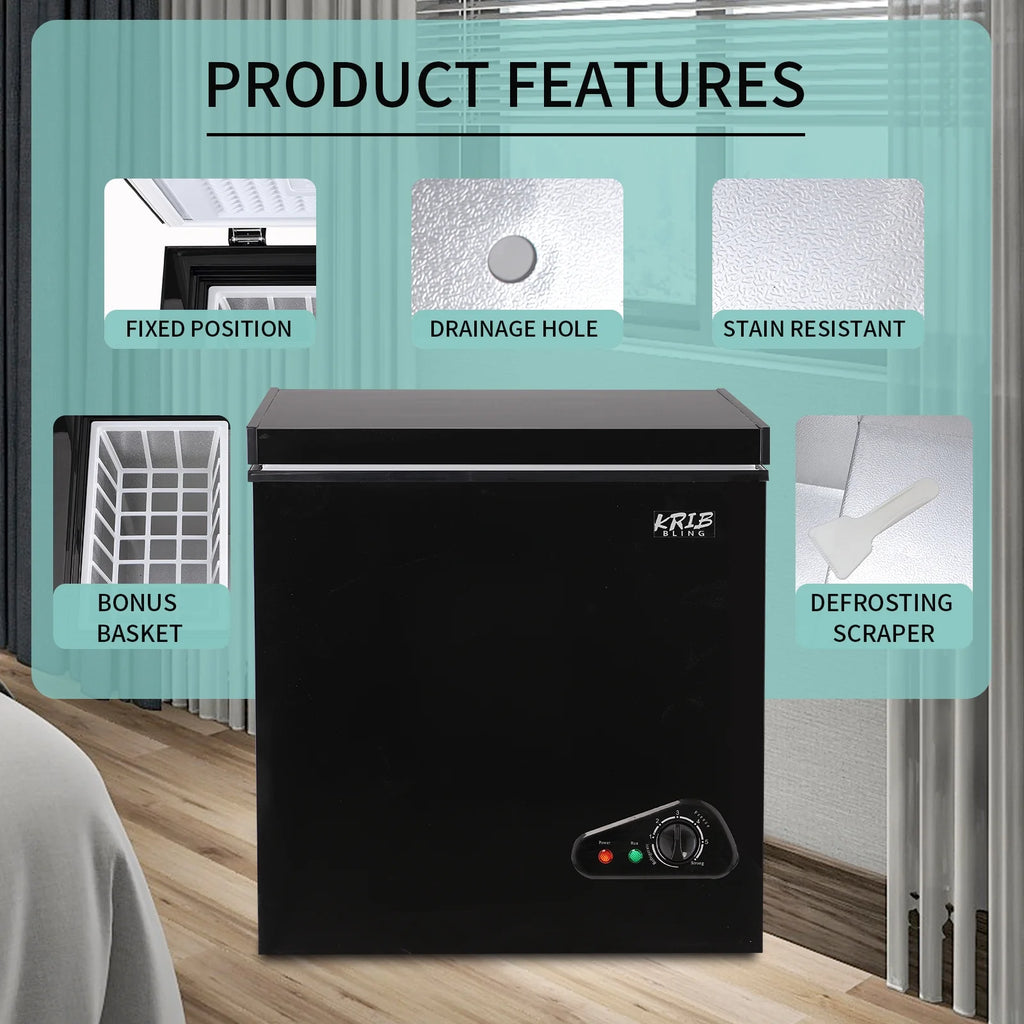 Krib B 3.5 Cu.Ft Chest Freezer with 7 Gears Temperature Adjustment, Deep Compact Freezer with a Removable Basket, Suitable for Kitchen, Garage, Basement, Black