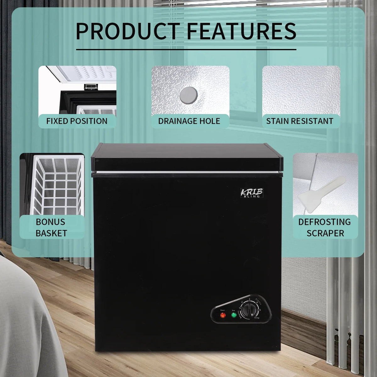 Krib B 3.5 Cu.Ft Chest Freezer with 7 Gears Temperature Adjustment, Deep Compact Freezer with a Removable Basket, Suitable for Kitchen, Garage, Basement, Black