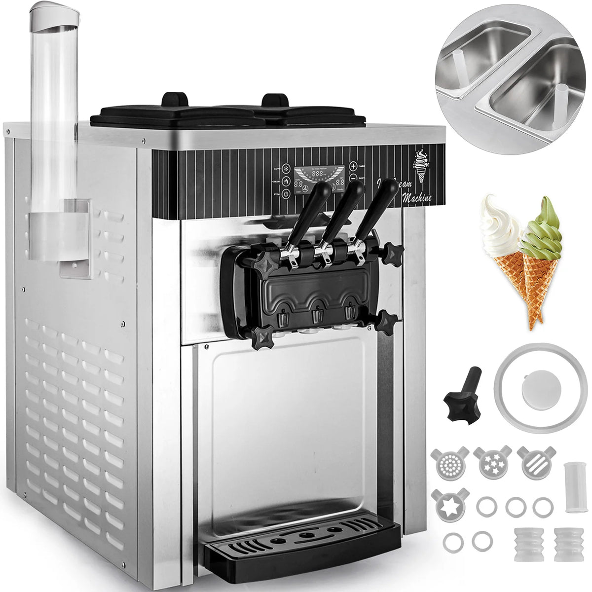 KFFKFF Commercial Ice Cream Maker 5.3 to 7.4 gph Soft Ice Cream with LED Display Self-Cleaning 3 Flavors Great for Restaurant Snack Bars, 2200-Watt, Silver