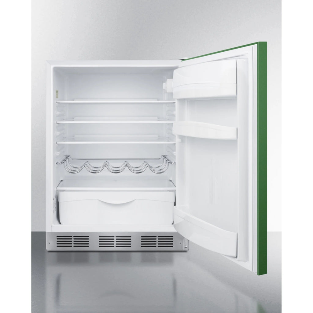 Undercounter 24 Inches all-refrigerator for residential use with lavender purple door, stainless steel handle, and white cabinet