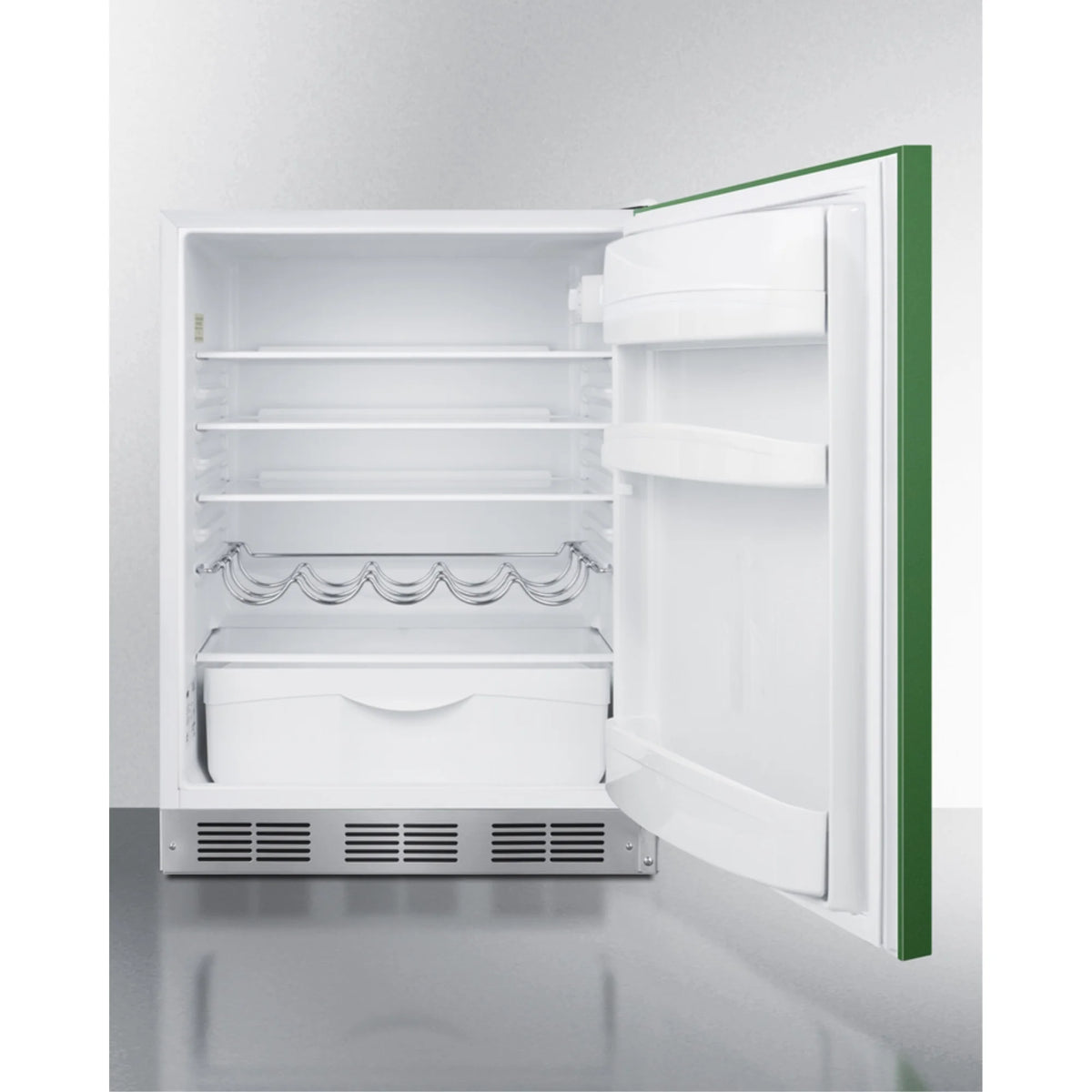 Undercounter 24 Inches all-refrigerator for residential use with lavender purple door, stainless steel handle, and white cabinet