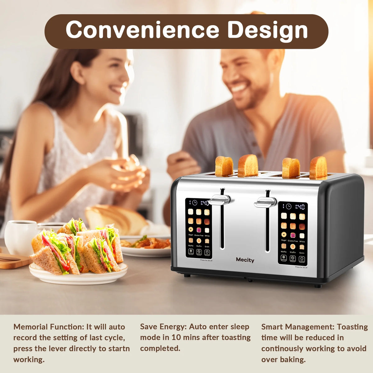 Mecity 4-Slice Touchscreen Toaster, Stainless Steel, 6 Browning Settings, Reheat, Cancel, Defrost, Removable Tray