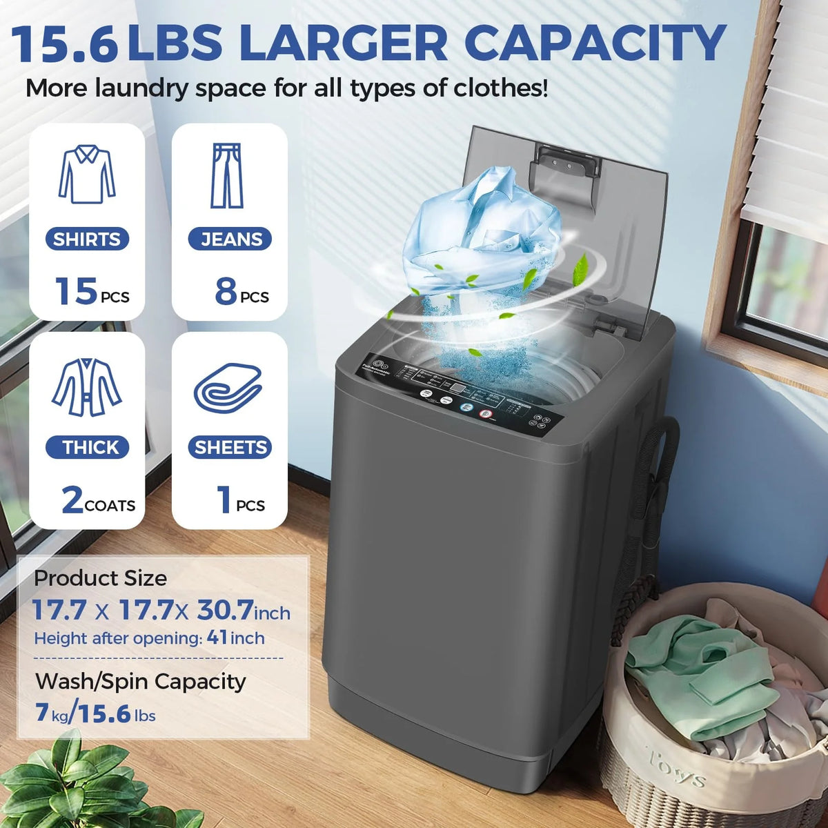 Veeboto Portable Washing Machine, 15.6lbs Washer and Dryer Combo Machine with 10 Wash Programs/8 Water Levels, Laundry with LED Display & 1 Adjustable feet for Home, Apart, Bathroom