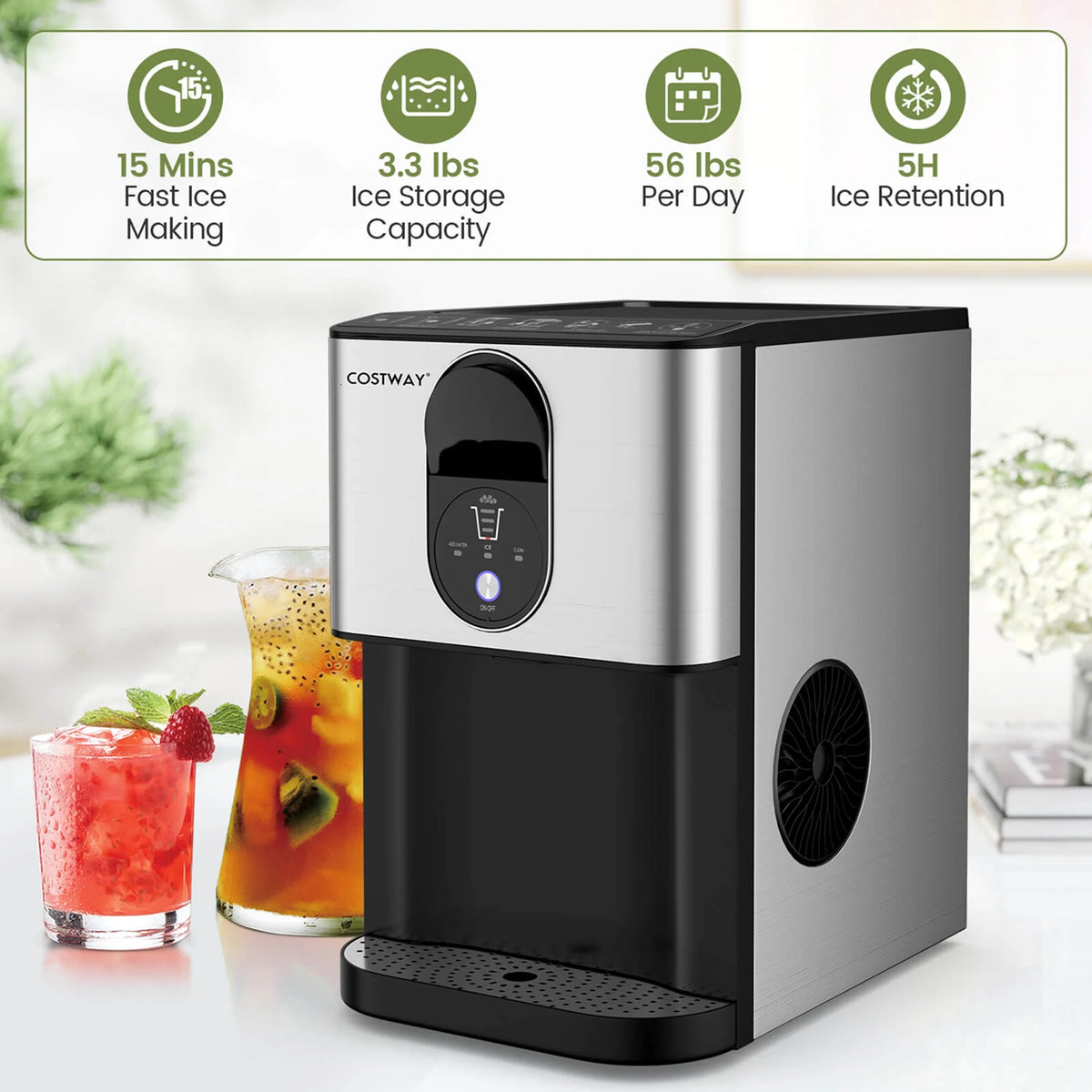 Costway 56 lbs/24 H Pepple Chewable Countertop Ice Maker with Self-Cleaning System