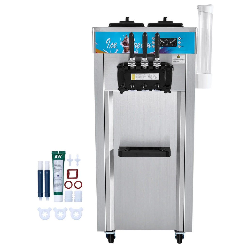 KFFKFF 3-Flavor Commercial Ice Cream Machine 21-31 L/H Soft Serve Ice Cream Maker 2 5.5L*2 Cylinder LED Panel and Auto Clean