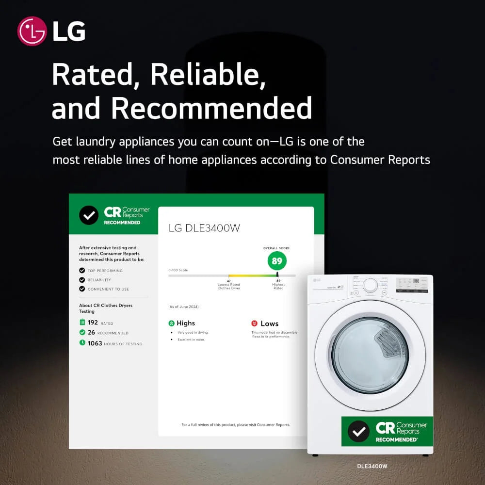 LG DLE3400W 7.4 Cu. Ft. White Front Load Electric Dryer