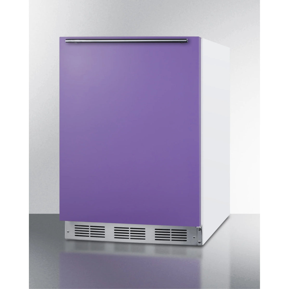 Undercounter 24 Inches all-refrigerator for residential use with lavender purple door, stainless steel handle, and white cabinet