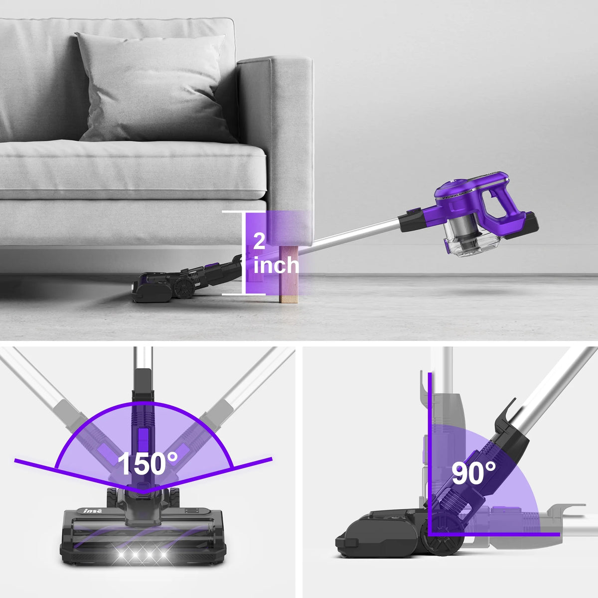 INSE Cordless Vacuum Cleaner, 30kPa 300W Powerful Suction Stick Vacuum Cleaner up to 45min Runtime, Rechargeable Battery Vacuum, 8-in-1 Lightweight Vacuum for Carpet Hard Floor Pet Hair, Purple