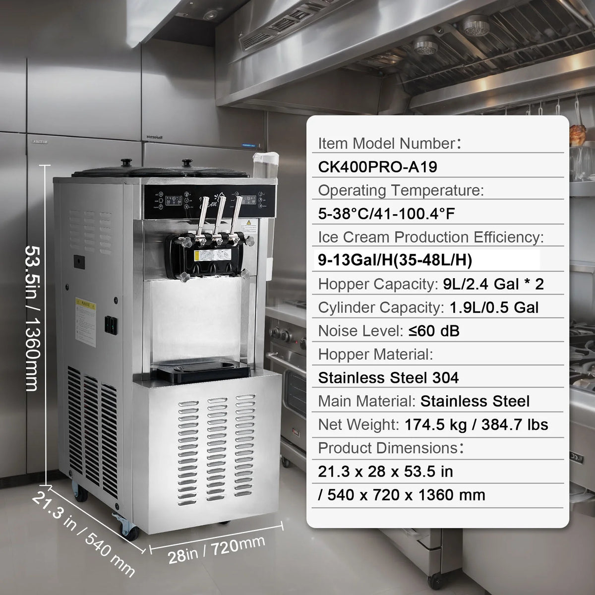 KFFKFF Soft Serve Ice Cream Machine for Commercial Use, 34-44 L/H Production, 3400W, Triple Flavor, Freestanding Design, Dual 9L Stainless Hoppers, LED Control for Single Cylinder