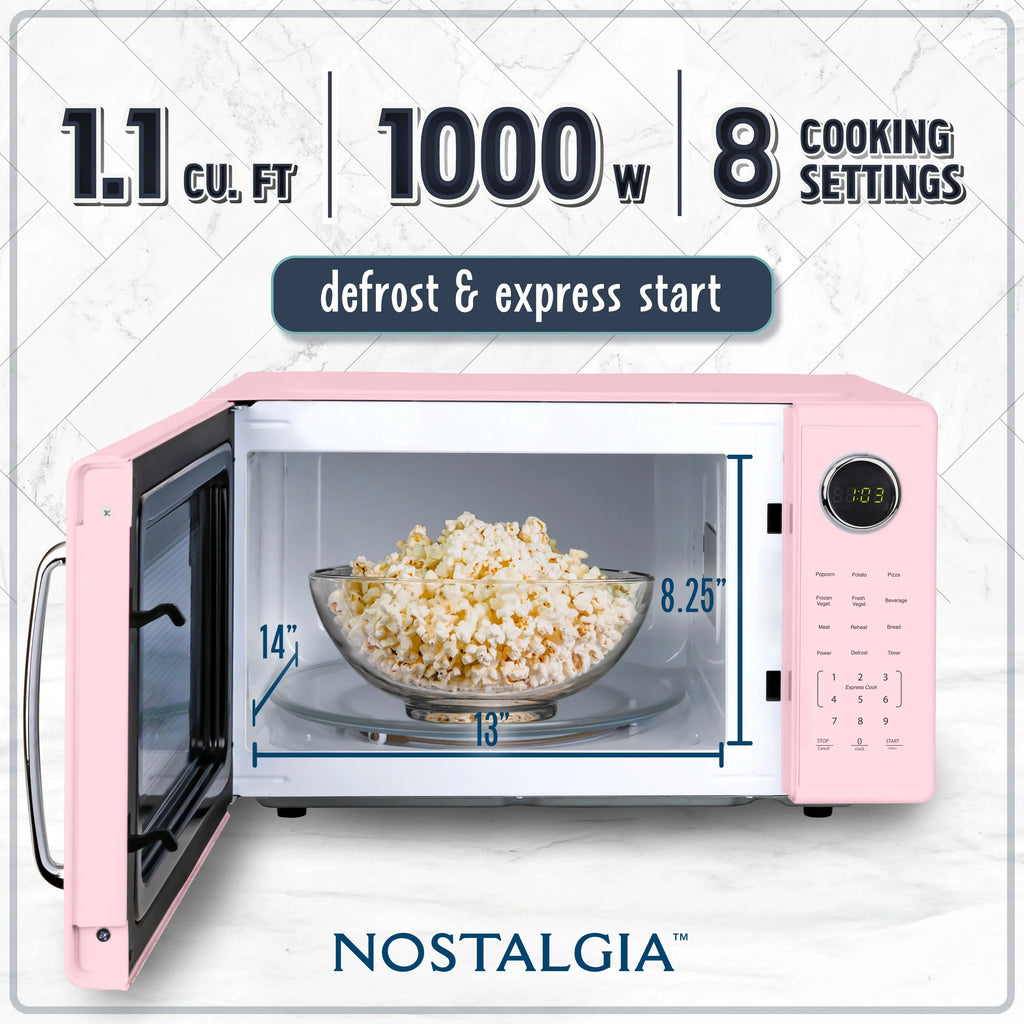 Nostalgia Retro Microwave Oven - 1.1 Cu Ft & 1000-Watt Countertop Size with Glass Turntable, Child Safety Lock, 8 Auto-Cook Programs & Digital Clock - Black