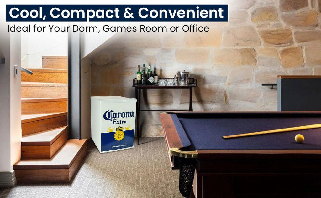Corona Mini Beer Fridge with Freezer, 2.4 Cu. Ft, 70L Capacity White & Blue Compact Beverage Cooler