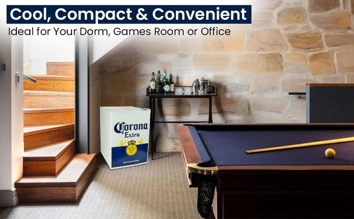 Corona Mini Beer Fridge with Freezer, 2.4 Cu. Ft, 70L Capacity White & Blue Compact Beverage Cooler