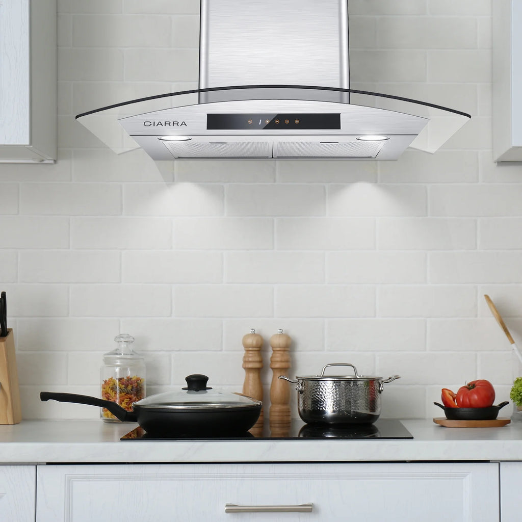 CIARRA Wall Mount Range Hood 30 inch with Tempered Glass 450 CFM Kitchen Vent Hood Ductless Ducted Convertible CAS50275