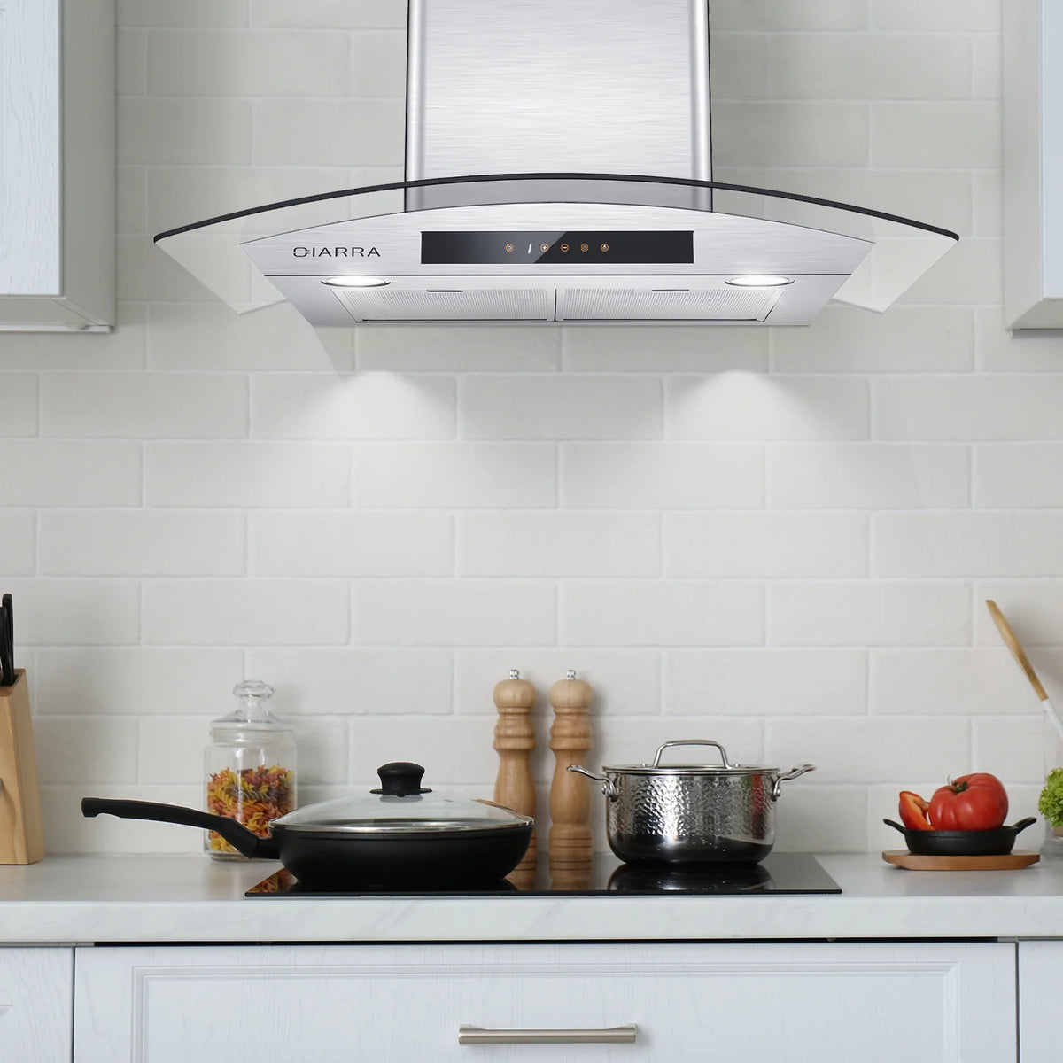 CIARRA Wall Mount Range Hood 30 inch with Tempered Glass 450 CFM Kitchen Vent Hood Ductless Ducted Convertible CAS50275