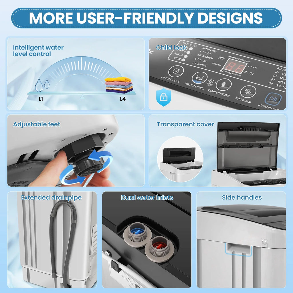 Qhomic Portable Washing Machine, 20lbs Portable Washer with 4 Wash Programs 4 Water Levels 3 Water Temperatures LED Display, Fully Automatic Washing Machine Drain Pump for Home, RV, Dorm