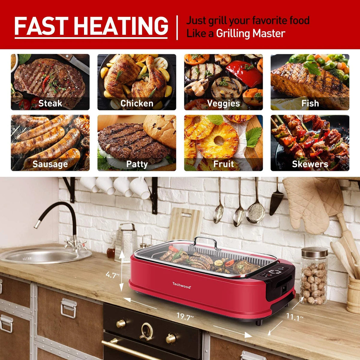 Techwood Indoor Smokeless Grill, 1500W, Black, Electric Portable Korean BBQ Grill with Tempered Glass Lid