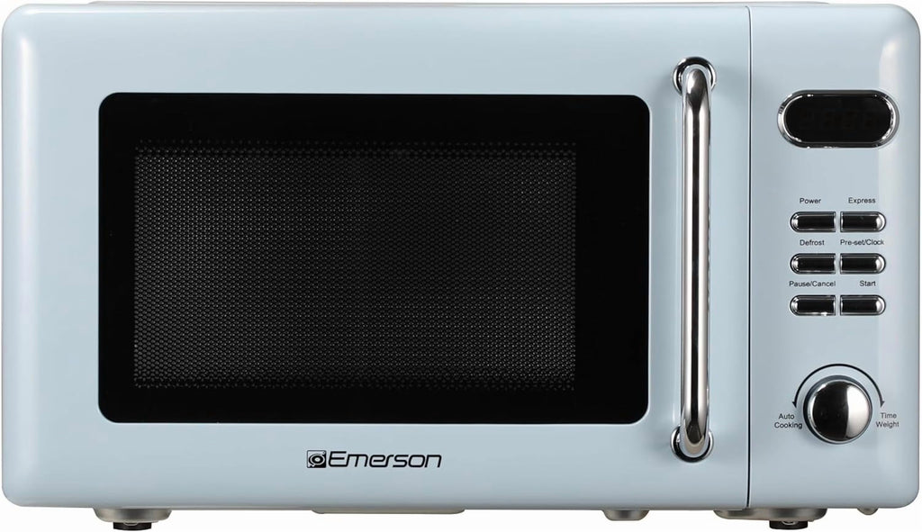 Countertop Microwave Oven with Push Button Control, LED Display, 700W 5 Power Levels, 8 Auto Menus, Glass Turntable and Child Safety Lock, 0.7-inch��Thunderbird Blue
