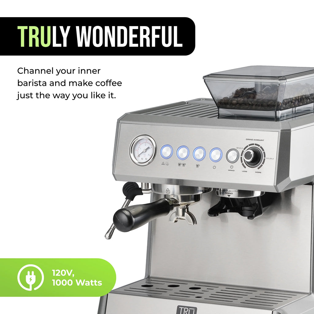 TRU All-in-One Espresso Maker with Grinder & Steam Wand - Premium Espresso Machine with Built-In Coffee Grinder - 15 Bar Pressure Pump - Adjustable Steam Controls & Cup Warmer
