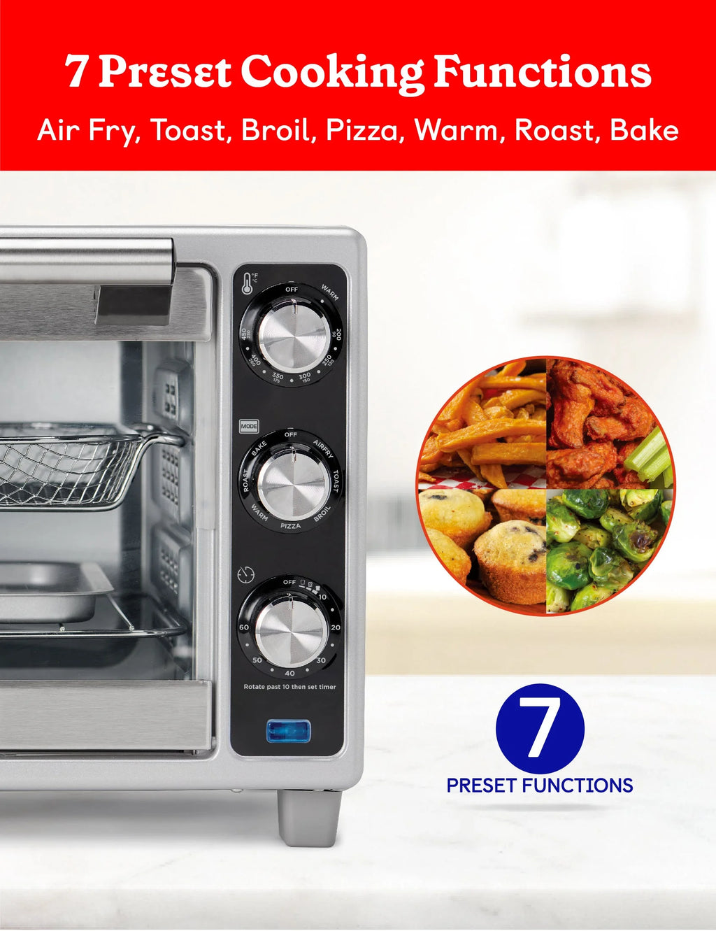 Betty Crocker Air Fryer Convection Toaster Oven, Multifunction 6-Slice Toaster and Air Fryer Oven, 0.8 Cu. Ft. 6 Slice Capacity AirFryer Toaster Oven Combo, 7 Function Convection Oven, Silver