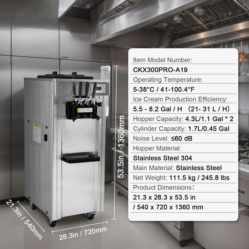 KFFKFF Commercial Soft Ice Cream Machine 21-31 L/H Output 3-Flavor  LED Display Auto Clean 4.3L/1.1GAL Hopper ,1.7L/0.45gal Cylinder