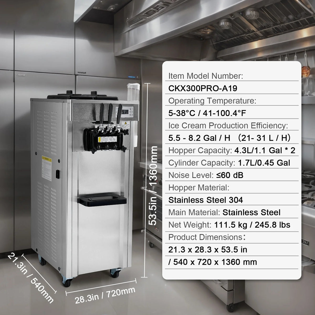 KFFKFF Commercial Soft Ice Cream Machine 21-31 L/H Output 3-Flavor  LED Display Auto Clean 4.3L/1.1GAL Hopper ,1.7L/0.45gal Cylinder