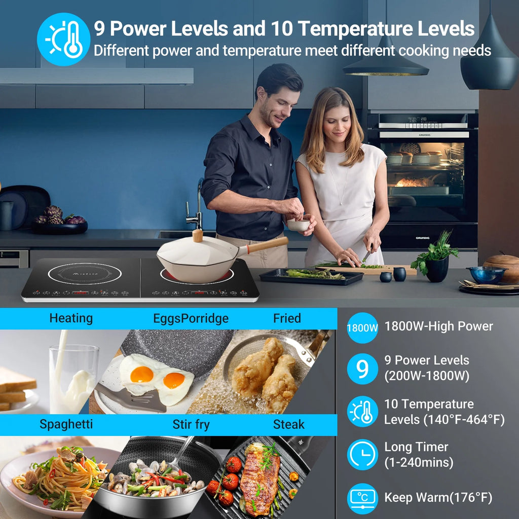 Electric Double Induction Cooktop, 1800W Portable Induction Cooktop with 2 Burners
