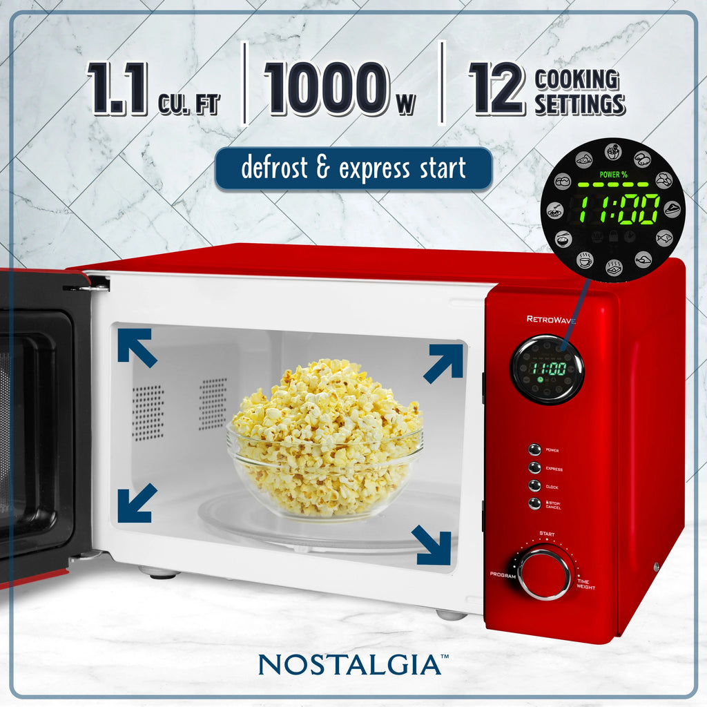 Nostalgia Retro Countertop Microwave Oven - Large 1000-Watt - 1.1 cu ft - 12 Pre-Programmed Cooking Settings - Digital Clock - Kitchen Appliances - Black