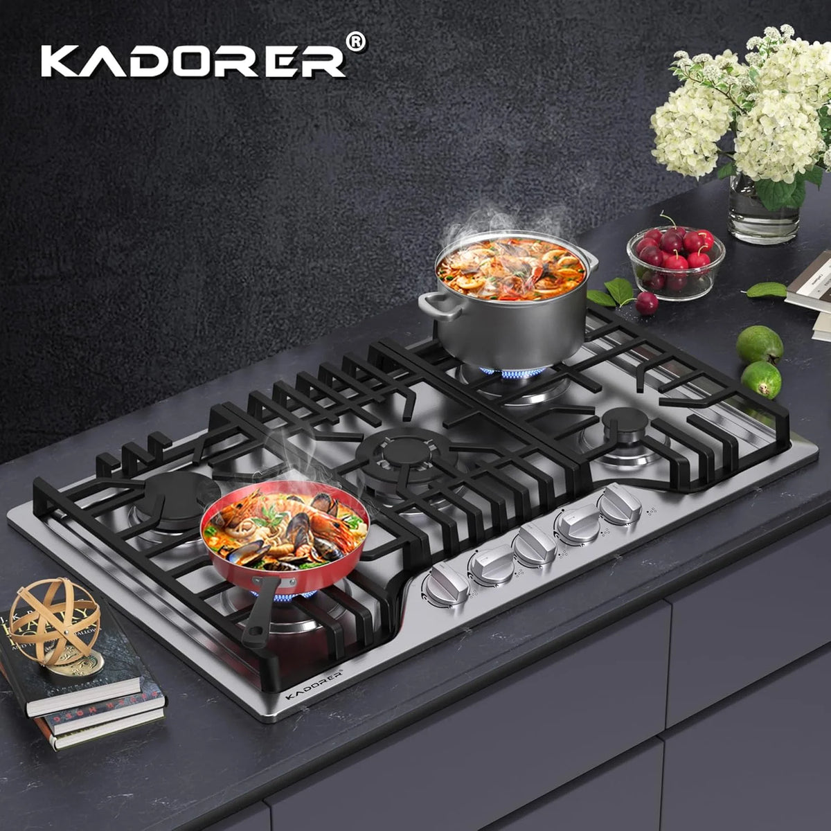 30 inch Gas Cooktop, Bulit-in Gas Stove Top with 5 Burner, NG/LPG Convertible Cooktops, 5 Burner Propane Cooktop with Thermocouple Protection, Stainless Steel