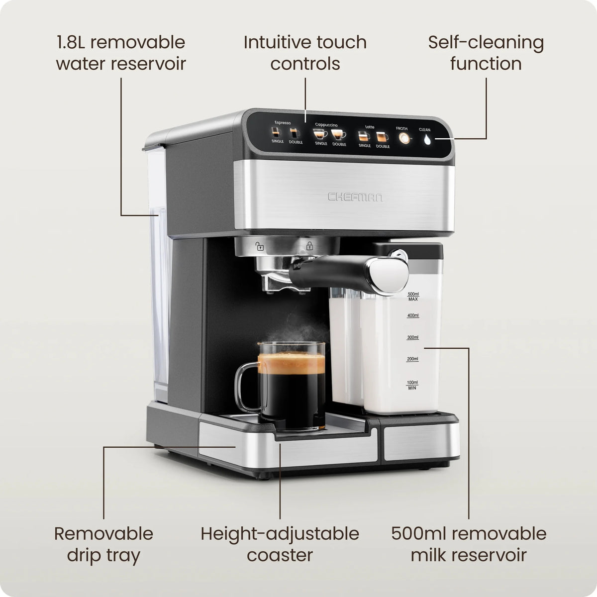 Chefman Caf��Master Pro Espresso Machine w/ Milk Frother for Cappuccinos & Lattes �C Stainless Steel