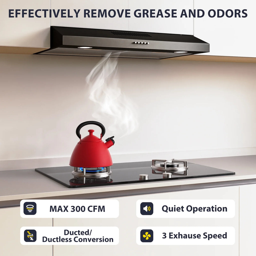 GRACEALL 30 Inch Range Hood Under Cabinet Oven Vent Hood, Ducted/ Ductless Convertible Kitchen Extractor, Stainless Steel Stove Exhaust Fan, Charcoal Filter and Exhaust Pipe Included