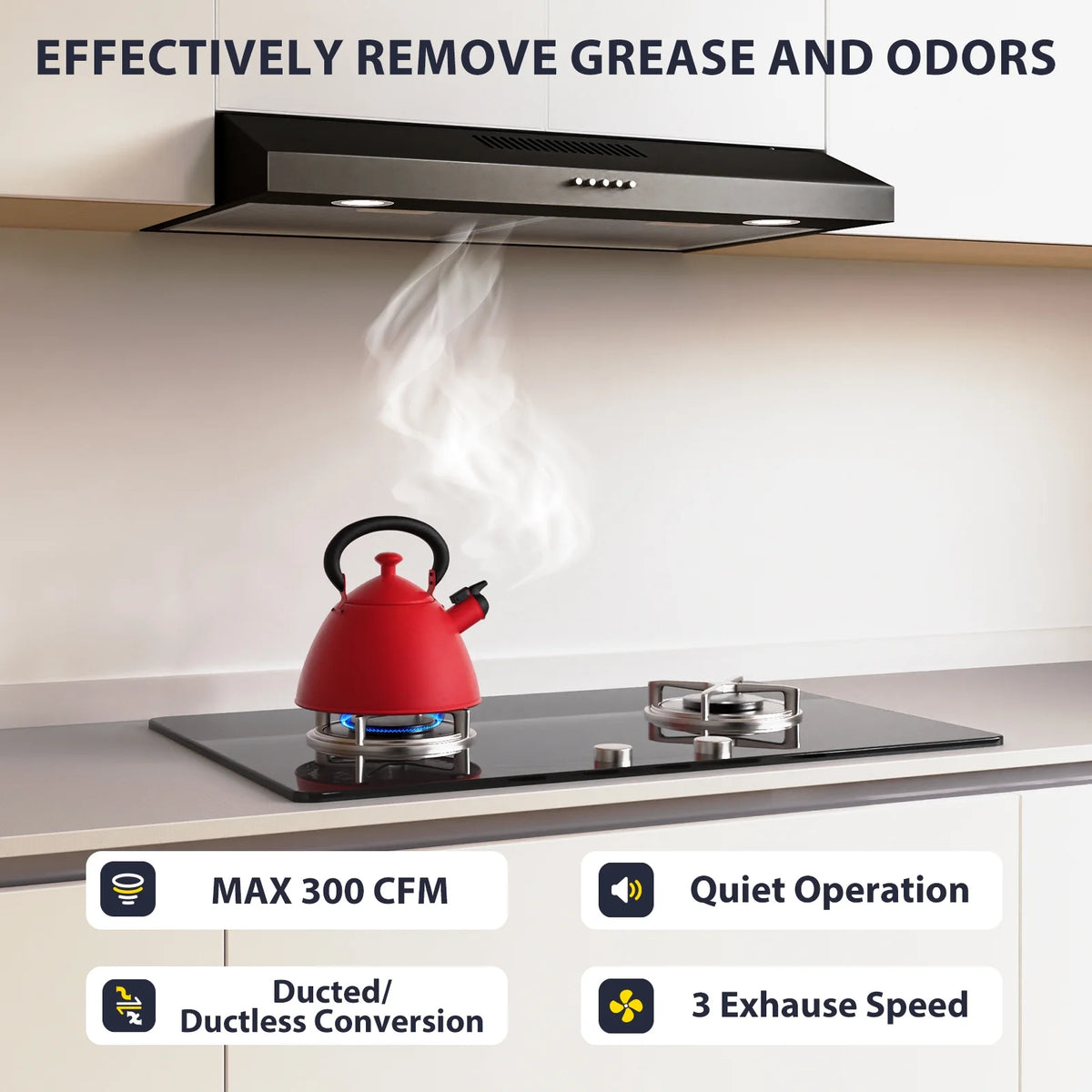 GRACEALL 30 Inch Range Hood Under Cabinet Oven Vent Hood, Ducted/ Ductless Convertible Kitchen Extractor, Stainless Steel Stove Exhaust Fan, Charcoal Filter and Exhaust Pipe Included