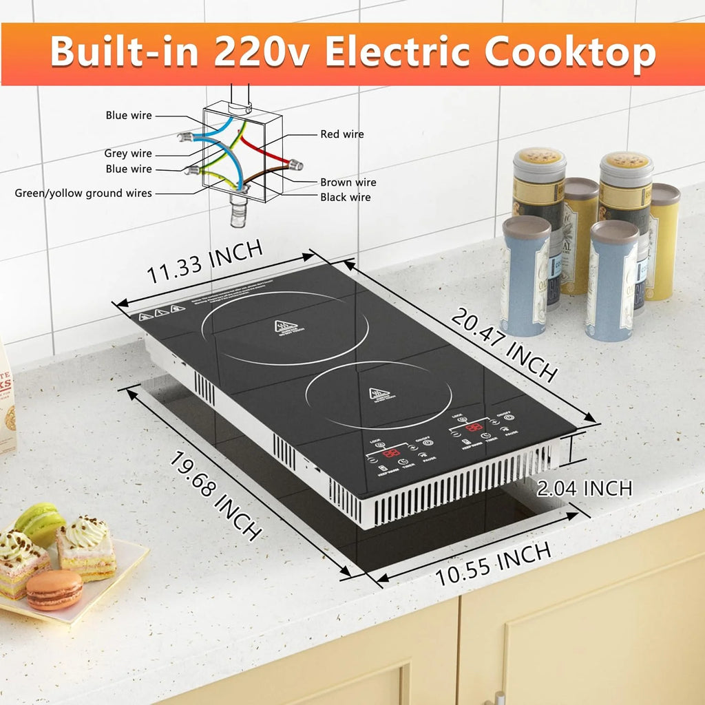 2 Burner Electric Cooktop, 12 Inch Electric Stove Top, Built-in Electric Cooktop with Sensor Touch Control, Timer & Child Lock Included,Keep Warm,9 Power Levels, 3000W, 220V-240V Hard Wired (No Plug)