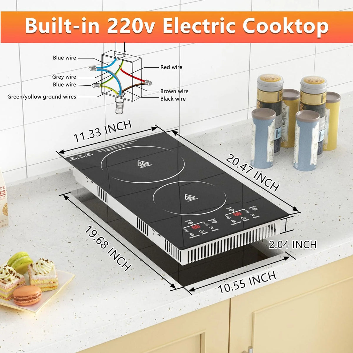 2 Burner Electric Cooktop, 12 Inch Electric Stove Top, Built-in Electric Cooktop with Sensor Touch Control, Timer & Child Lock Included,Keep Warm,9 Power Levels, 3000W, 220V-240V Hard Wired (No Plug)