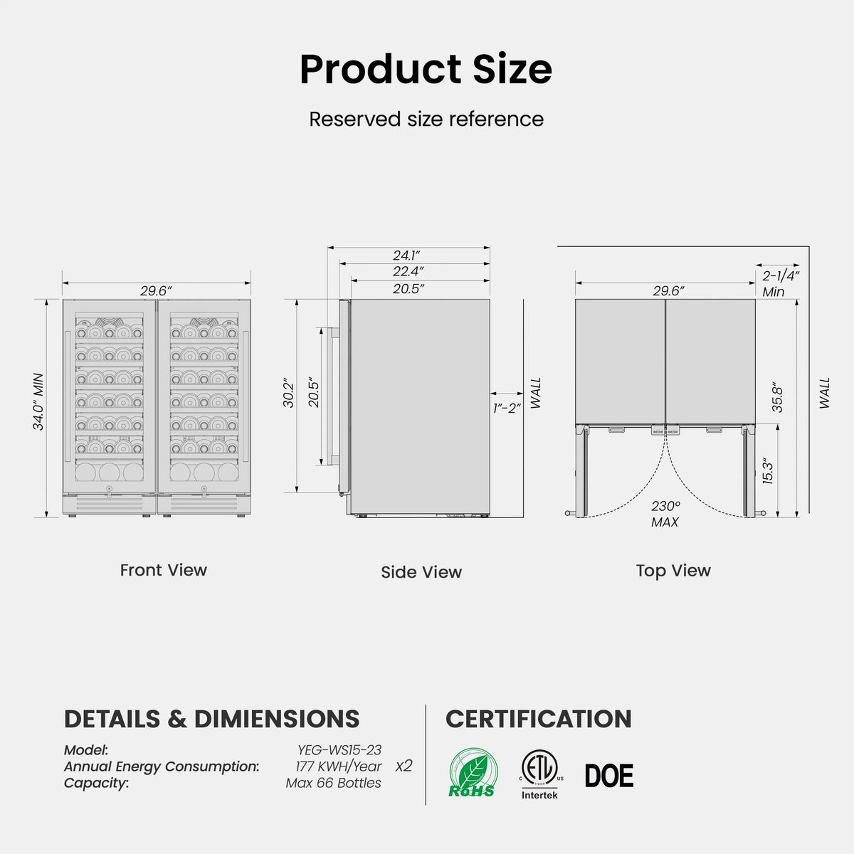 Yeego 30" Wine and Beverage Refrigerator,Two 15" Wine and Beverage Cooler Under Counter or Freestanding, Hold 33 Bottles and 80 Cans(Two Pack)