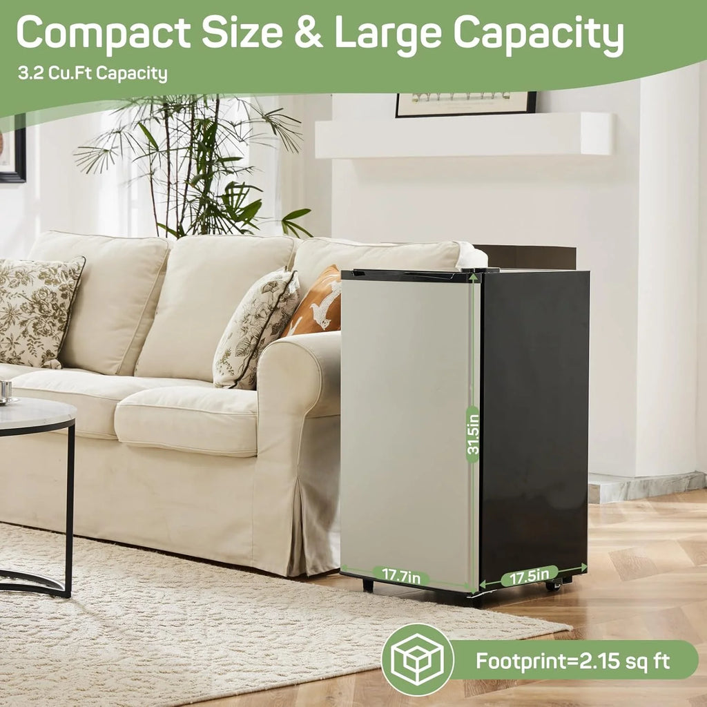 Mini Fridge 3.2 Cu. ft Single Door, 5 Star Energy Efficient, Low Noise, 5 Adjustable Thermostat & Removable Glass Shelves, Silver