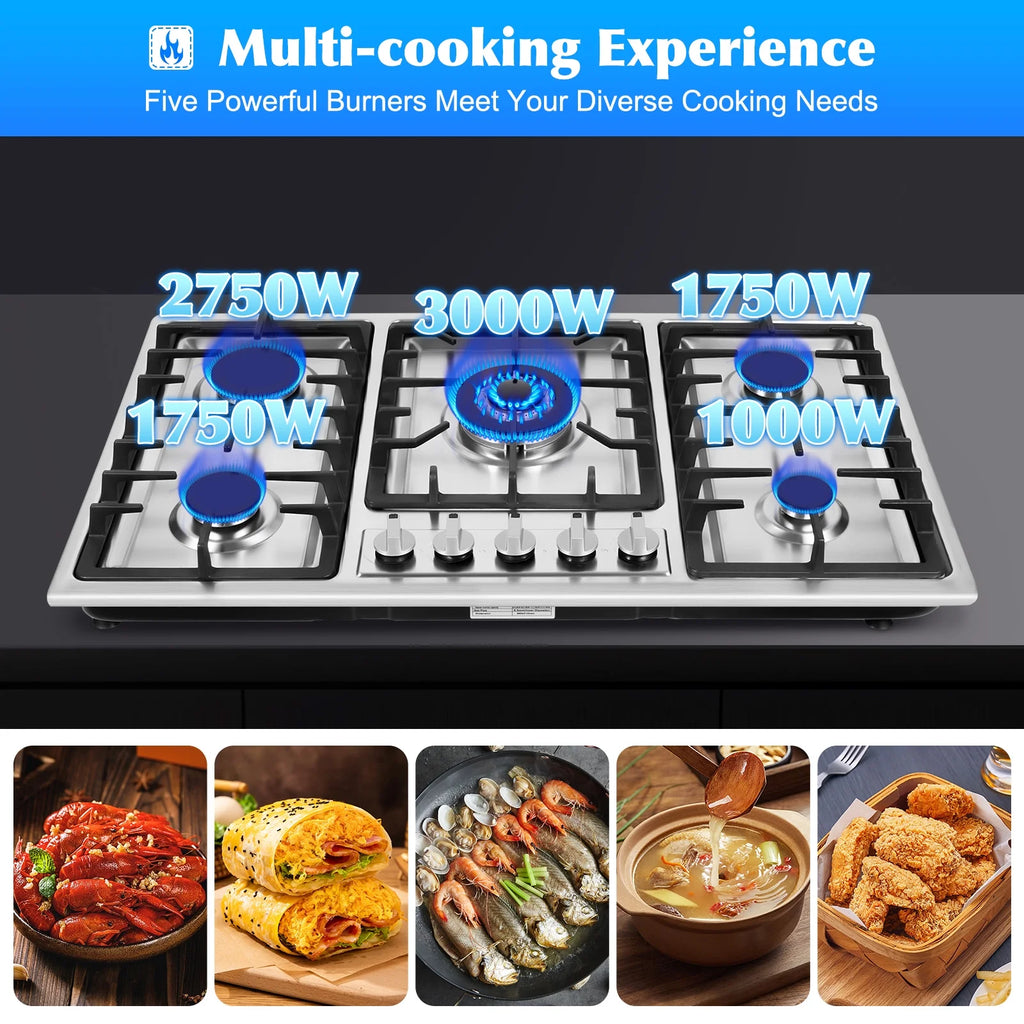 Stainless Steel 5-Burner Stove, Top Built-In Gas Propane Cooktop Stove for Restaurants