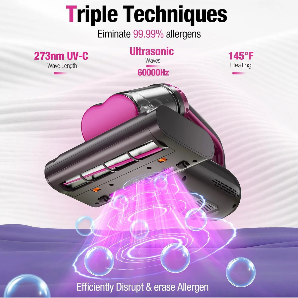 Mattress Vacuum Cleaner, 17Kpa 650W Bed Vacuum with 273nm -C Light & 145 �� F Heating, 80000 RPM Brushroll for Pillows, Cribs, Sofa - Black Corded